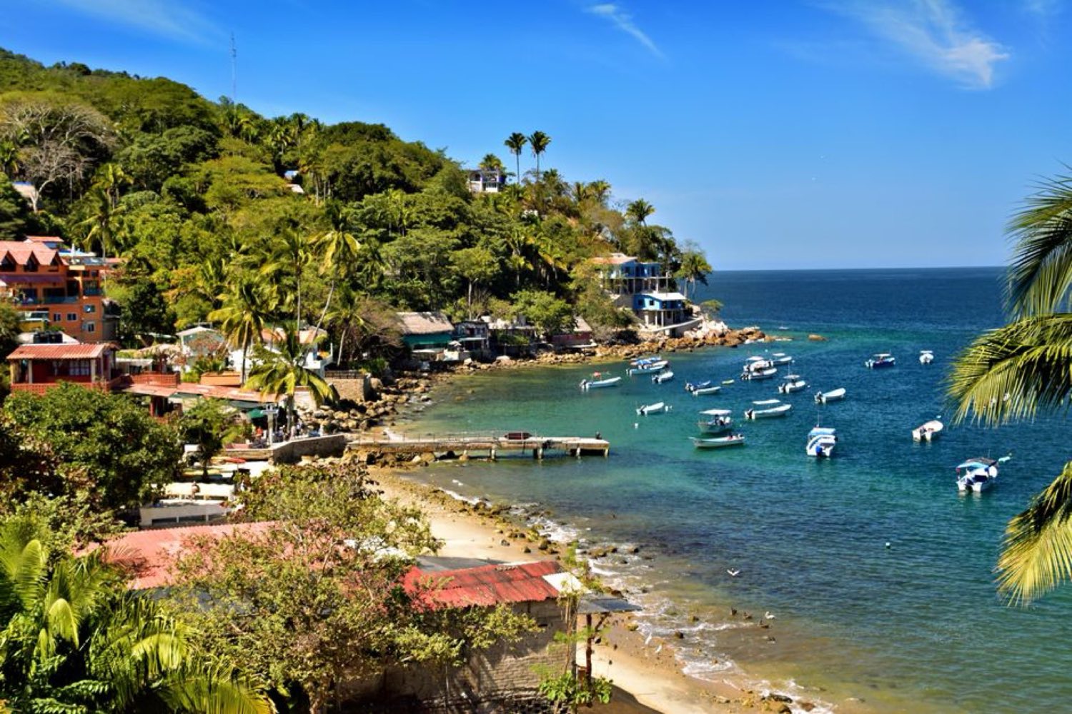 Yelapa bay with local boats and jungle hillside